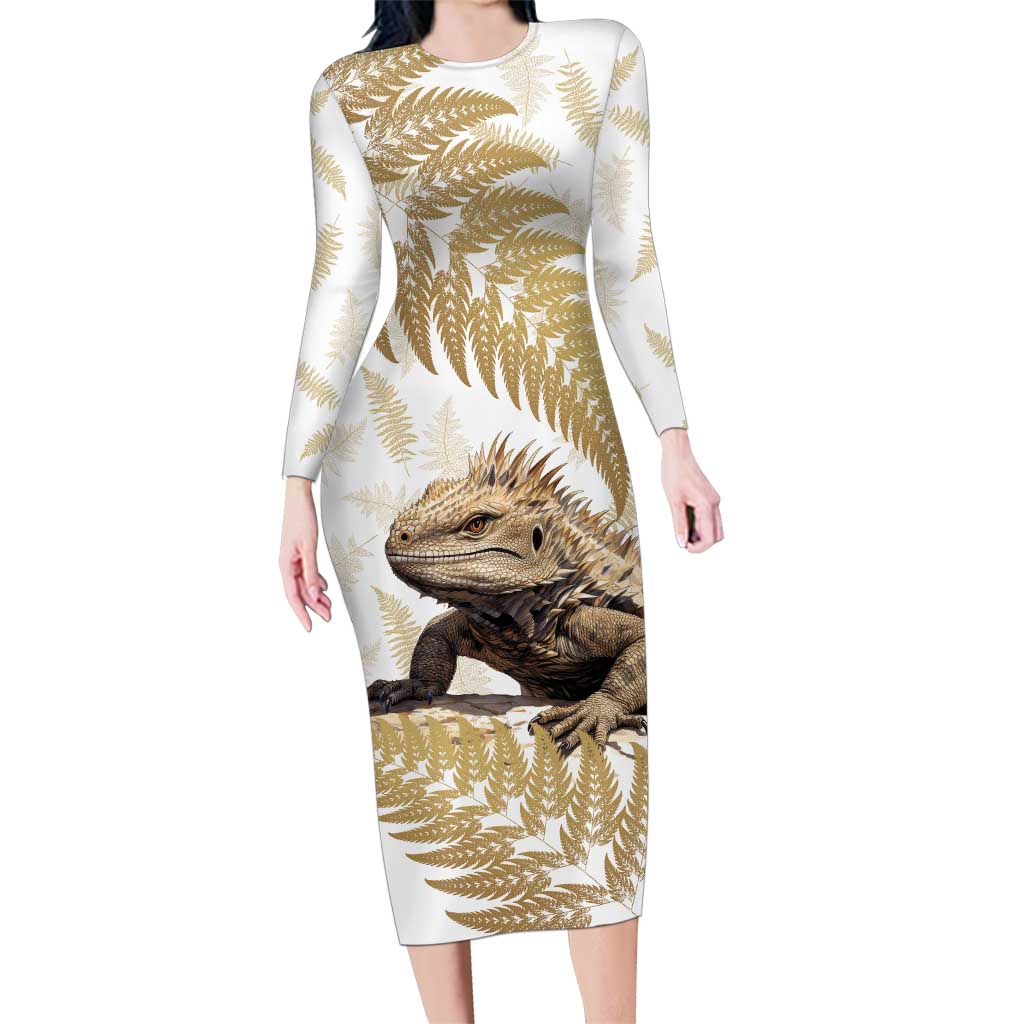 Gold New Zealand Tuatara Family Matching Long Sleeve Bodycon Dress and Hawaiian Shirt Aotearoa Sphenodon Punctatus Silver Fern LT14 Mom's Dress Gold - Polynesian Pride
