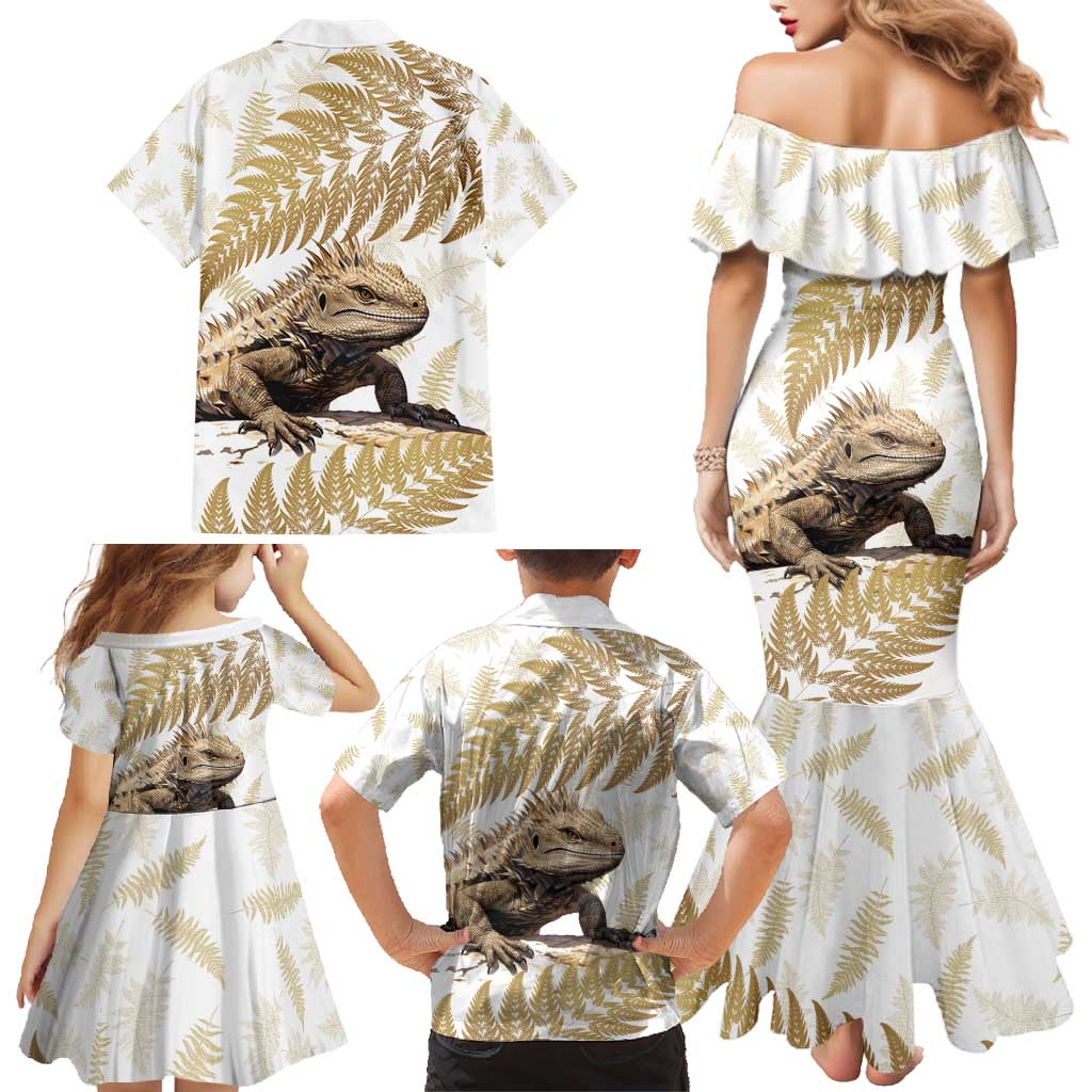 Gold New Zealand Tuatara Family Matching Mermaid Dress and Hawaiian Shirt Aotearoa Sphenodon Punctatus Silver Fern LT14 - Polynesian Pride