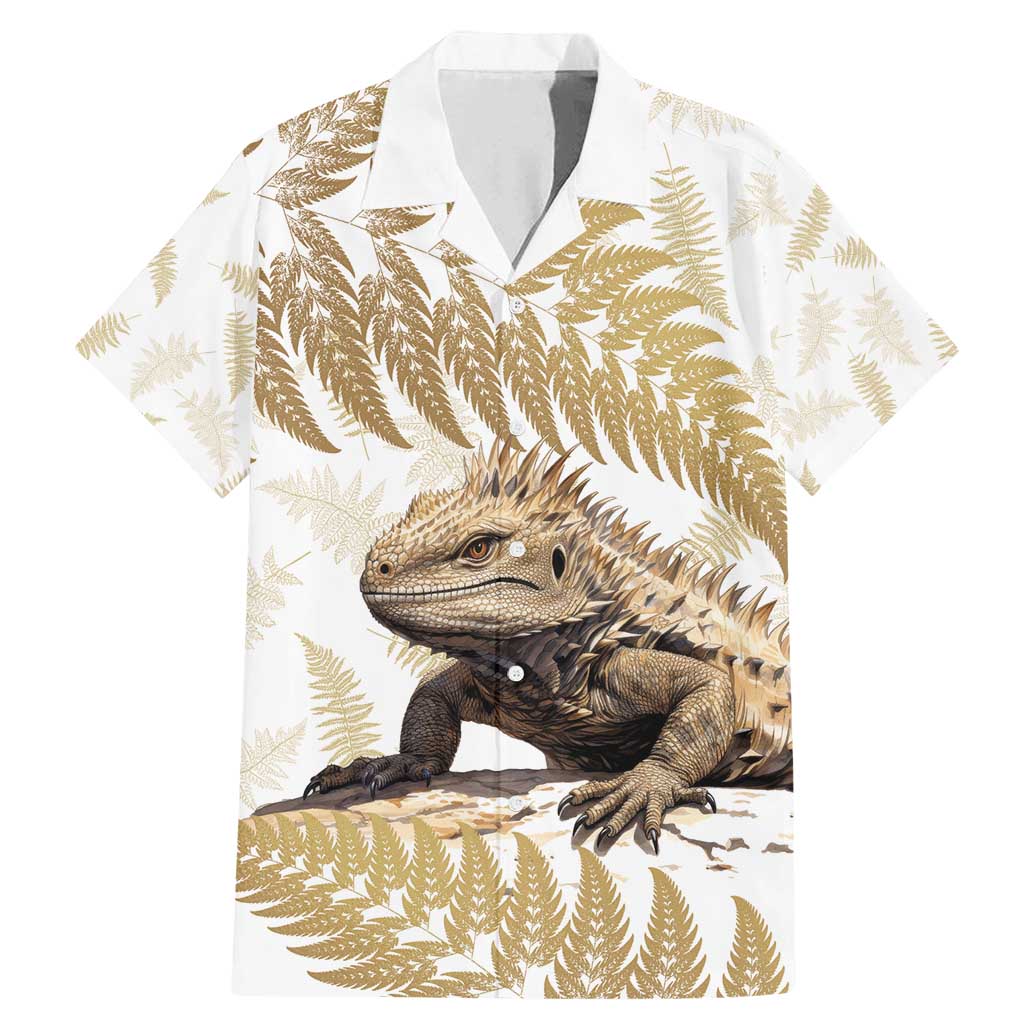 Gold New Zealand Tuatara Family Matching Mermaid Dress and Hawaiian Shirt Aotearoa Sphenodon Punctatus Silver Fern LT14 Dad's Shirt - Short Sleeve Gold - Polynesian Pride