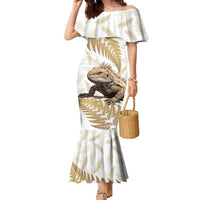 Gold New Zealand Tuatara Family Matching Mermaid Dress and Hawaiian Shirt Aotearoa Sphenodon Punctatus Silver Fern LT14 Mom's Dress Gold - Polynesian Pride