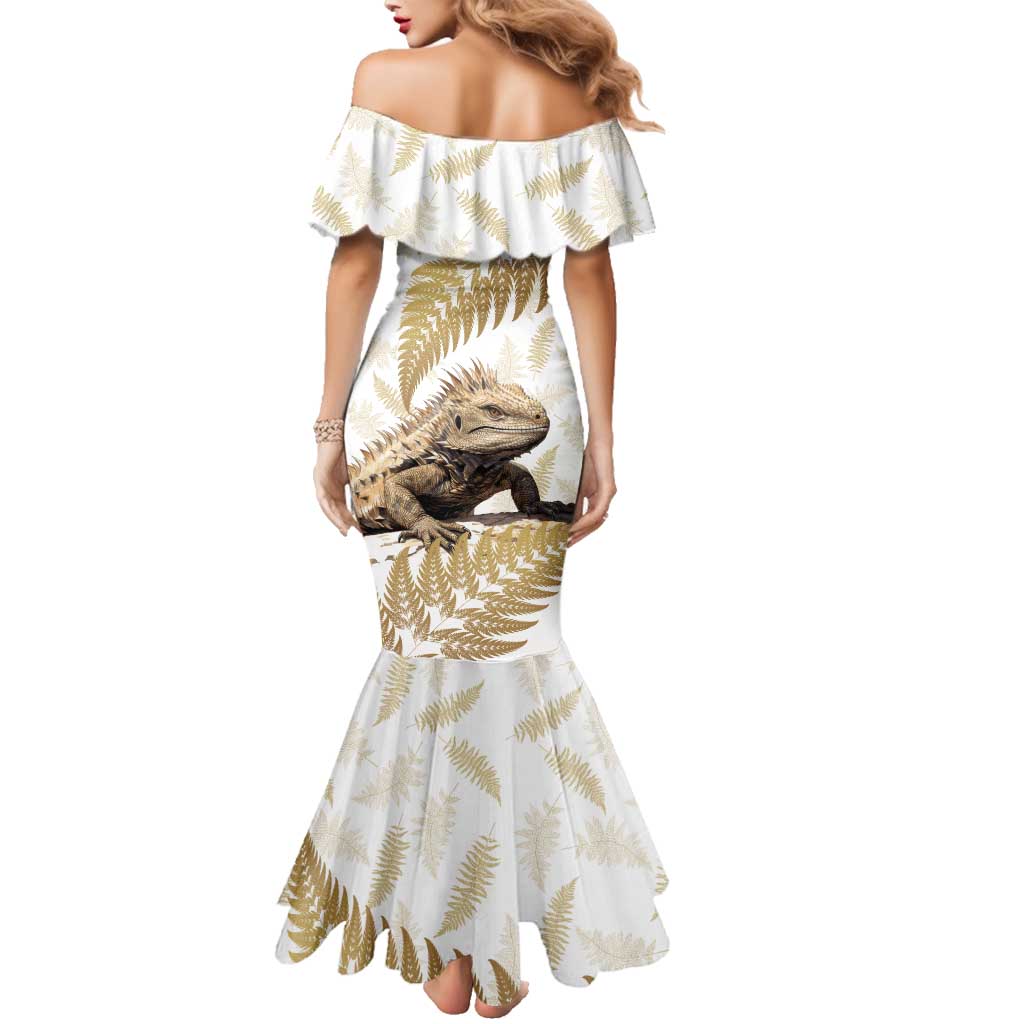 Gold New Zealand Tuatara Family Matching Mermaid Dress and Hawaiian Shirt Aotearoa Sphenodon Punctatus Silver Fern LT14 - Polynesian Pride