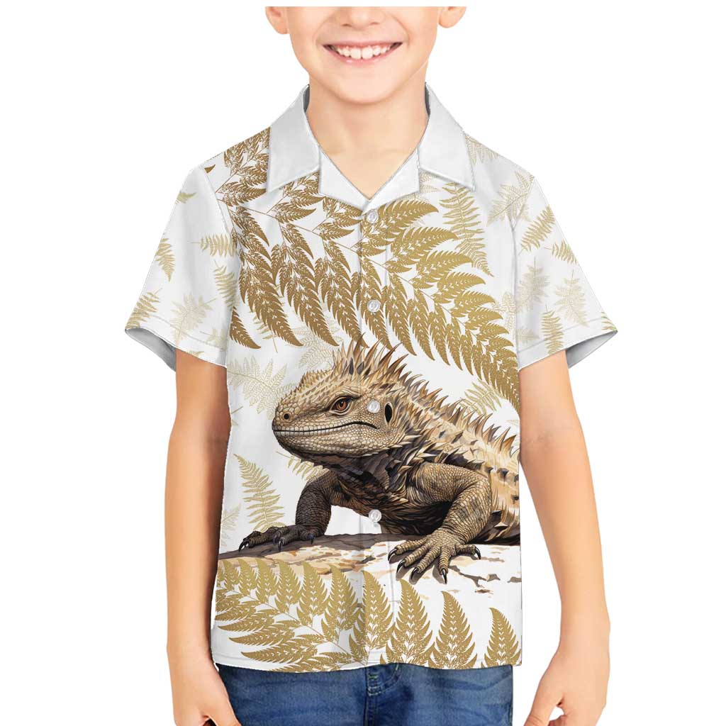 Gold New Zealand Tuatara Family Matching Mermaid Dress and Hawaiian Shirt Aotearoa Sphenodon Punctatus Silver Fern LT14 Son's Shirt Gold - Polynesian Pride