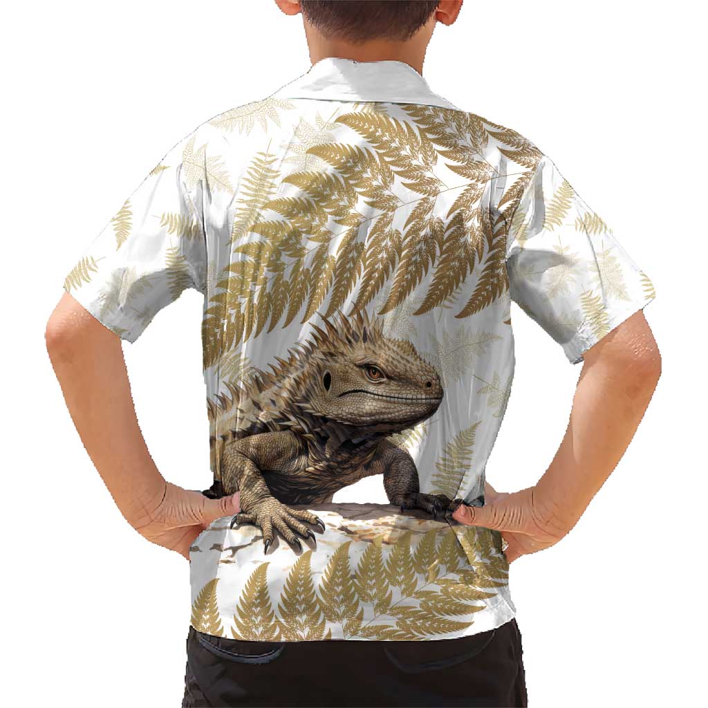 Gold New Zealand Tuatara Family Matching Short Sleeve Bodycon Dress and Hawaiian Shirt Aotearoa Sphenodon Punctatus Silver Fern LT14 - Polynesian Pride
