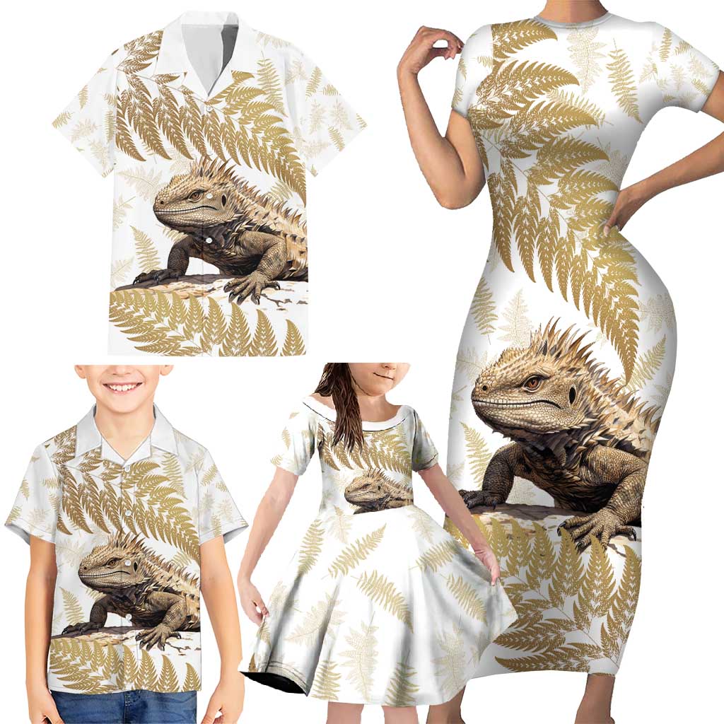 Gold New Zealand Tuatara Family Matching Short Sleeve Bodycon Dress and Hawaiian Shirt Aotearoa Sphenodon Punctatus Silver Fern LT14 - Polynesian Pride