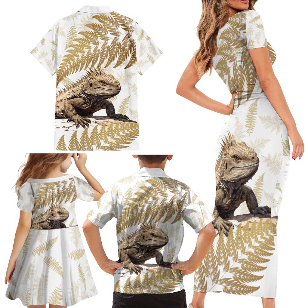 Gold New Zealand Tuatara Family Matching Short Sleeve Bodycon Dress and Hawaiian Shirt Aotearoa Sphenodon Punctatus Silver Fern LT14 - Polynesian Pride