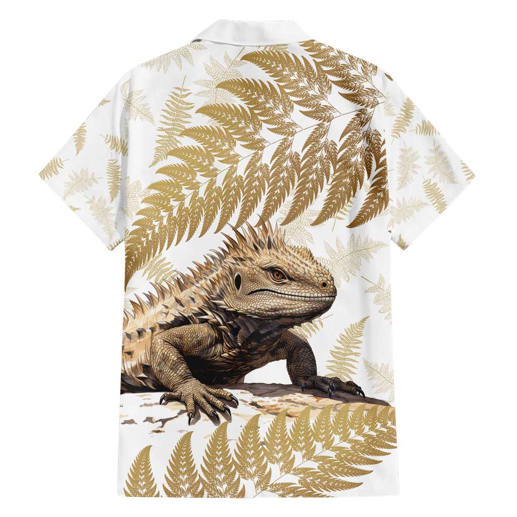 Gold New Zealand Tuatara Family Matching Short Sleeve Bodycon Dress and Hawaiian Shirt Aotearoa Sphenodon Punctatus Silver Fern LT14 - Polynesian Pride