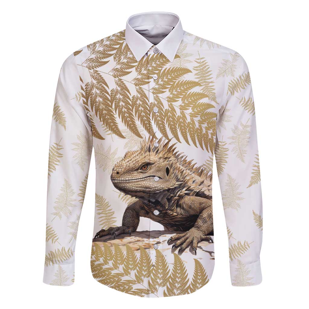 Gold New Zealand Tuatara Family Matching Short Sleeve Bodycon Dress and Hawaiian Shirt Aotearoa Sphenodon Punctatus Silver Fern LT14 Dad's Shirt - Long Sleeve Gold - Polynesian Pride