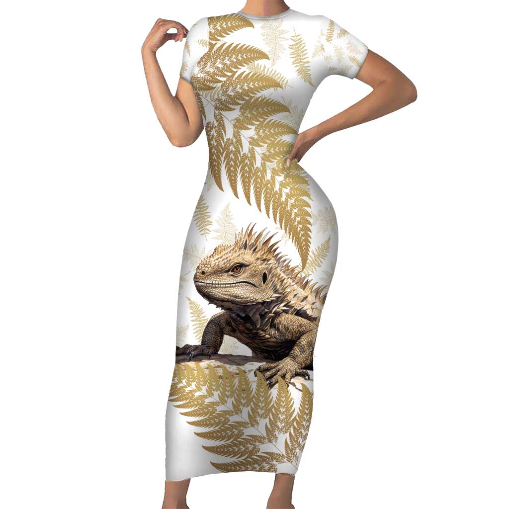 Gold New Zealand Tuatara Family Matching Short Sleeve Bodycon Dress and Hawaiian Shirt Aotearoa Sphenodon Punctatus Silver Fern LT14 Mom's Dress Gold - Polynesian Pride