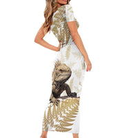 Gold New Zealand Tuatara Family Matching Short Sleeve Bodycon Dress and Hawaiian Shirt Aotearoa Sphenodon Punctatus Silver Fern LT14 - Polynesian Pride