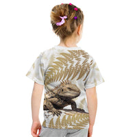 Gold New Zealand Tuatara Kid T Shirt Aotearoa Sphenodon Punctatus Silver Fern