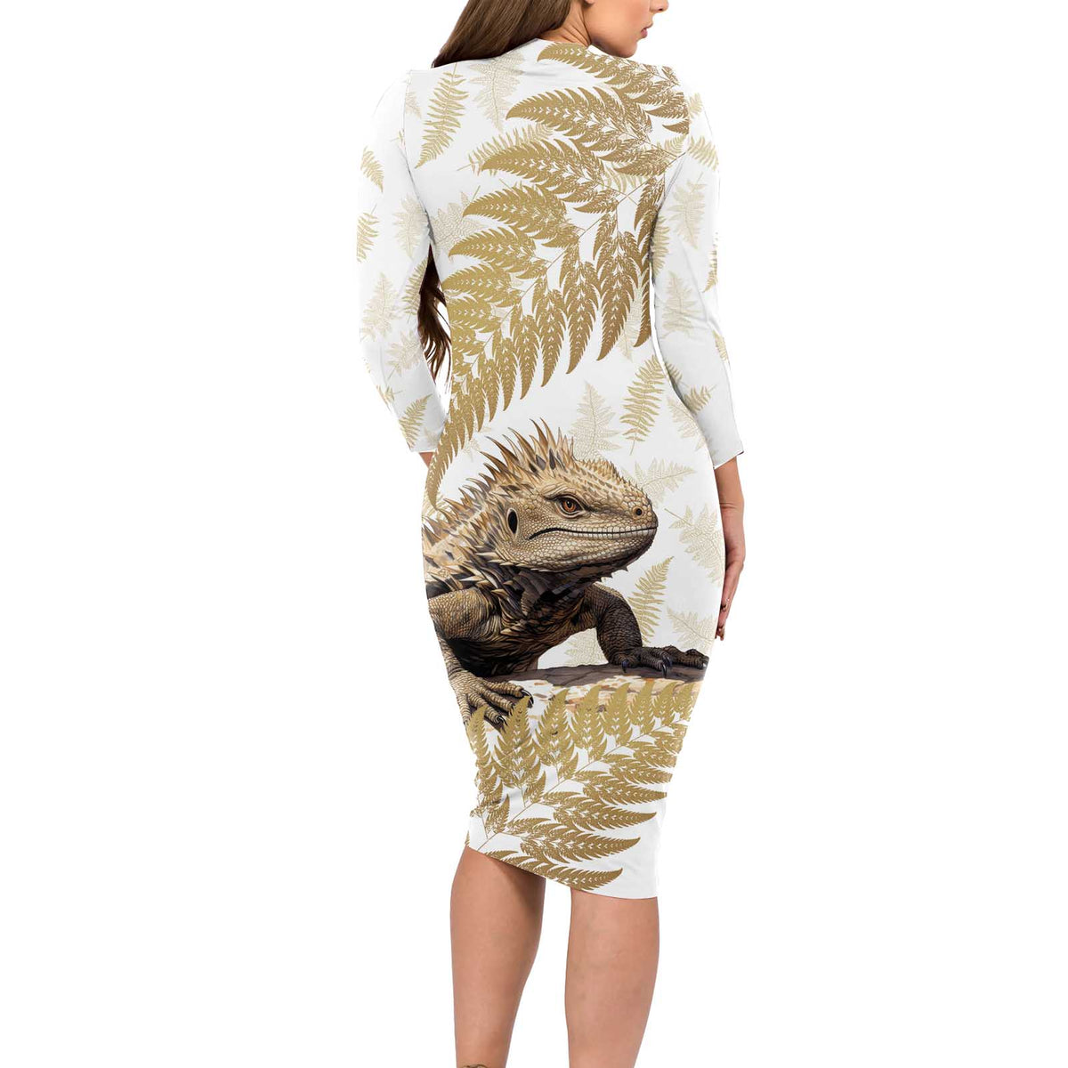 Gold New Zealand Tuatara Long Sleeve Bodycon Dress Aotearoa Sphenodon Punctatus Silver Fern LT14 - Polynesian Pride