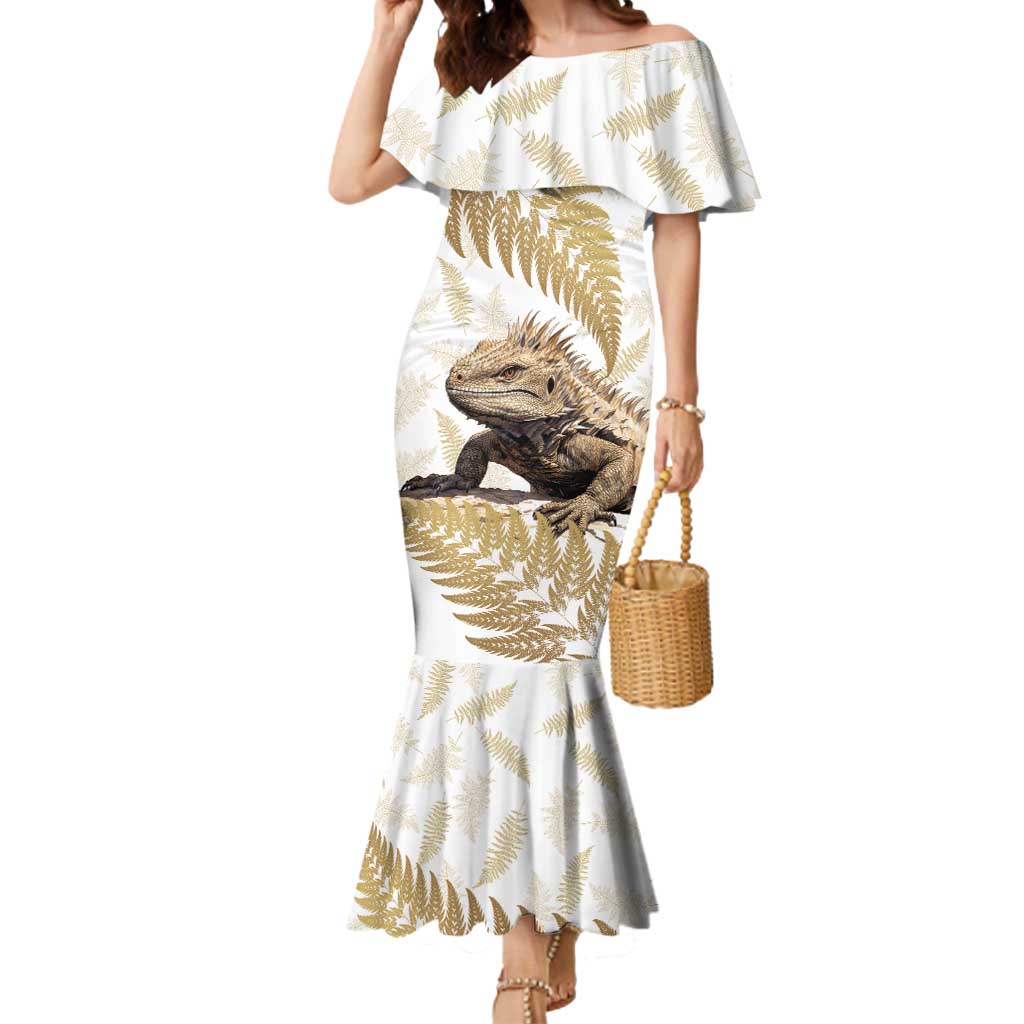 Gold New Zealand Tuatara Mermaid Dress Aotearoa Sphenodon Punctatus Silver Fern LT14 Women Gold - Polynesian Pride