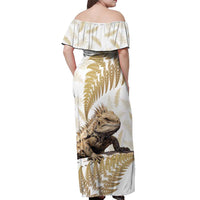 Gold New Zealand Tuatara Off Shoulder Maxi Dress Aotearoa Sphenodon Punctatus Silver Fern