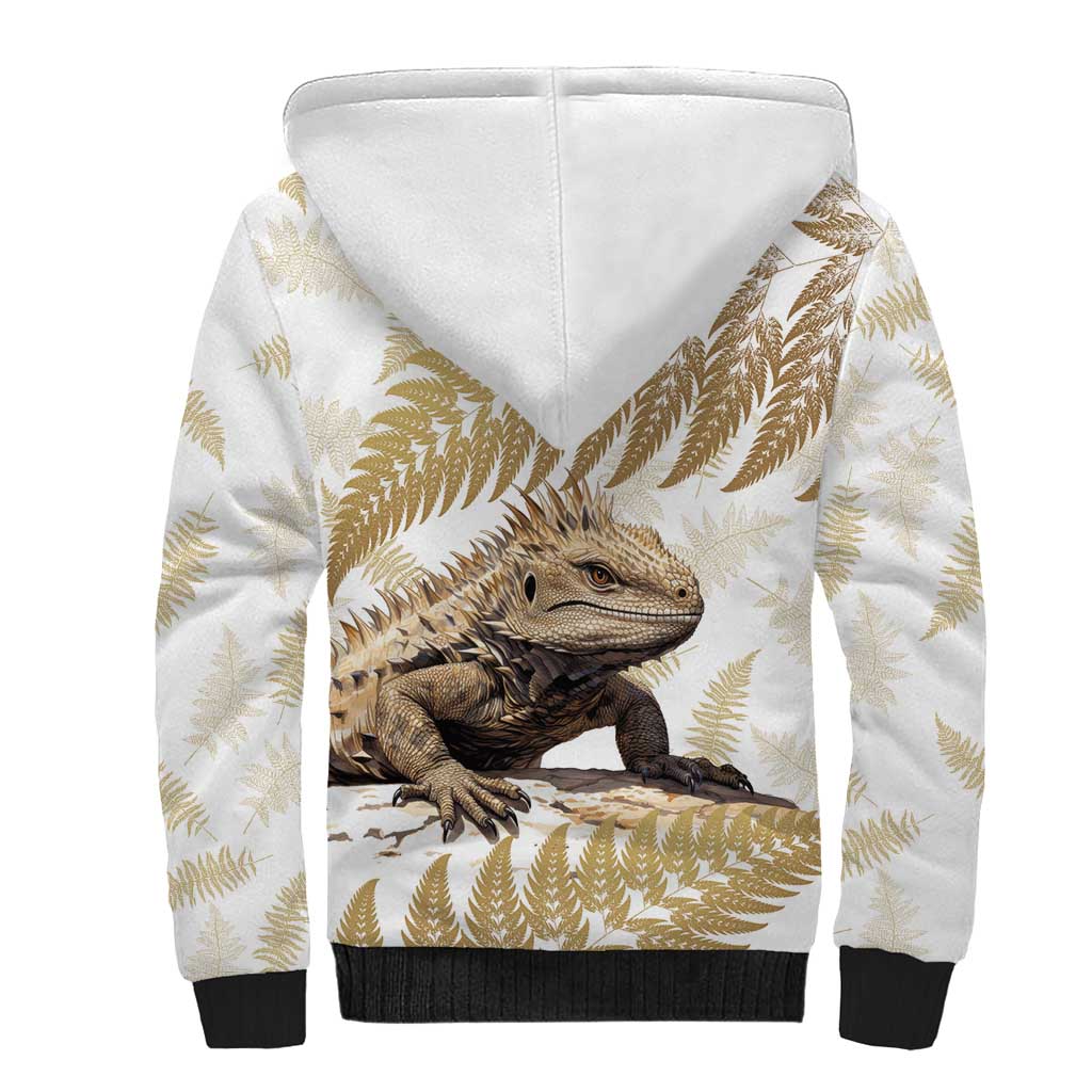 Gold New Zealand Tuatara Sherpa Hoodie Aotearoa Sphenodon Punctatus Silver Fern