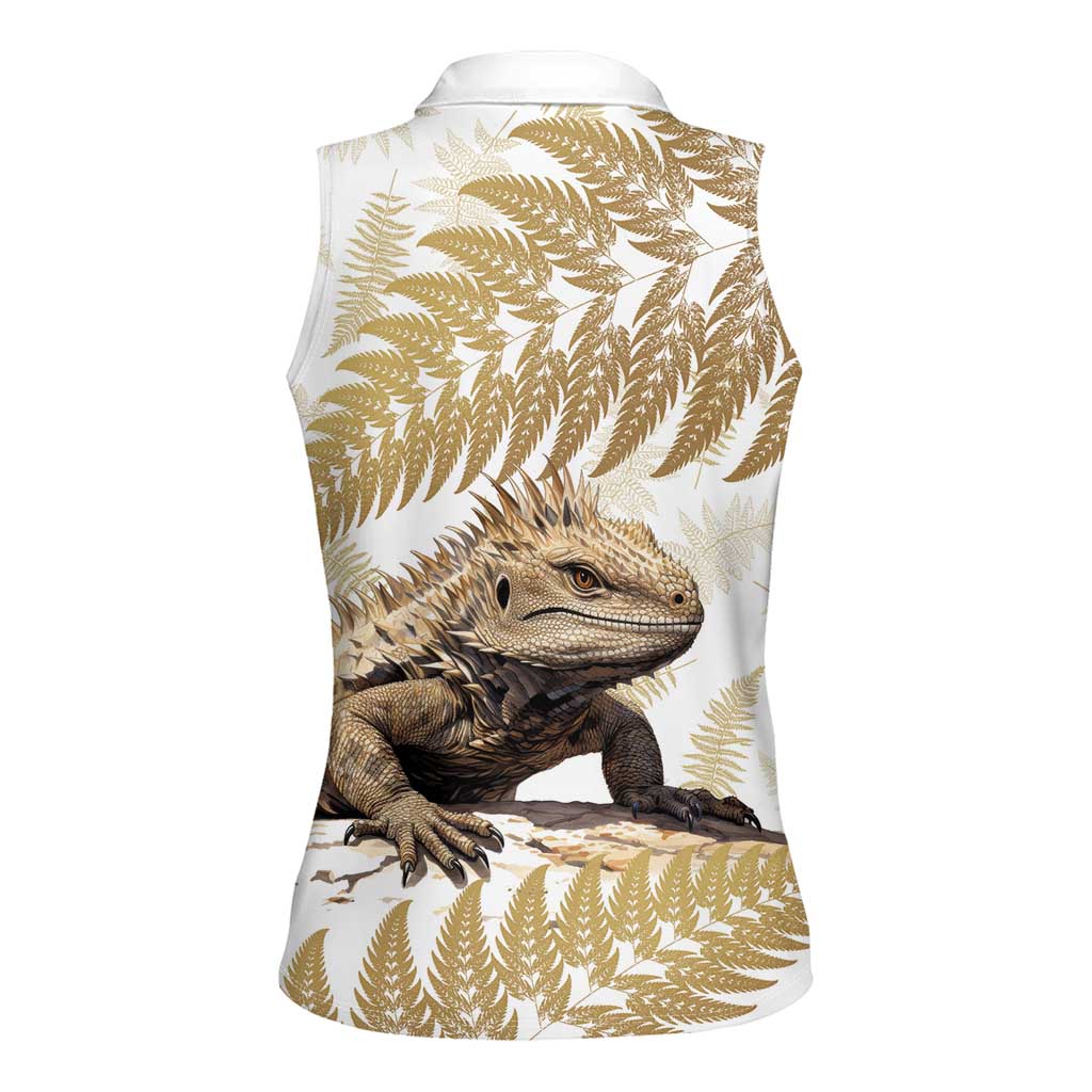 Gold New Zealand Tuatara Women Sleeveless Polo Shirt Aotearoa Sphenodon Punctatus Silver Fern LT14 - Polynesian Pride