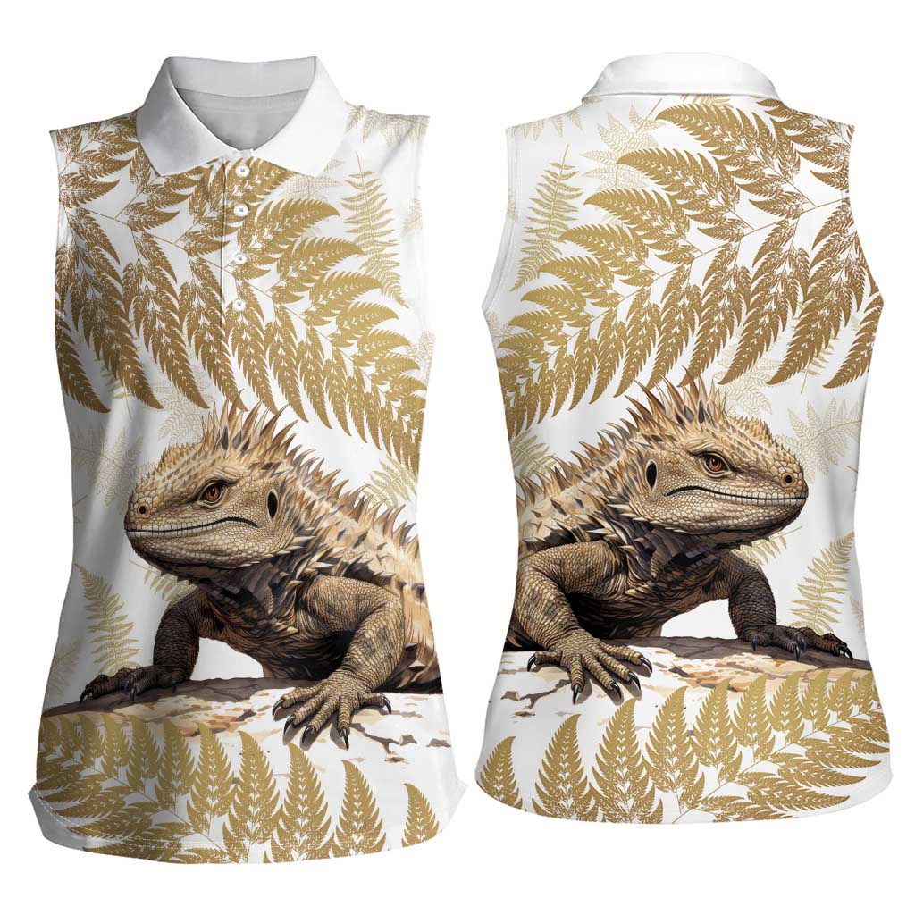 Gold New Zealand Tuatara Women Sleeveless Polo Shirt Aotearoa Sphenodon Punctatus Silver Fern LT14 - Polynesian Pride