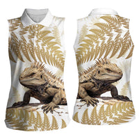 Gold New Zealand Tuatara Women Sleeveless Polo Shirt Aotearoa Sphenodon Punctatus Silver Fern LT14 - Polynesian Pride