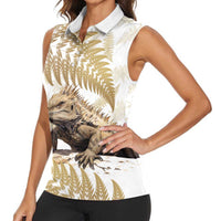 Gold New Zealand Tuatara Women Sleeveless Polo Shirt Aotearoa Sphenodon Punctatus Silver Fern LT14 - Polynesian Pride