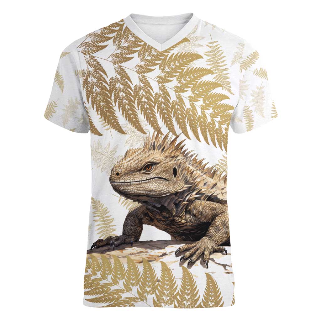 Gold New Zealand Tuatara Women V-Neck T-Shirt Aotearoa Sphenodon Punctatus Silver Fern LT14 Female Gold - Polynesian Pride