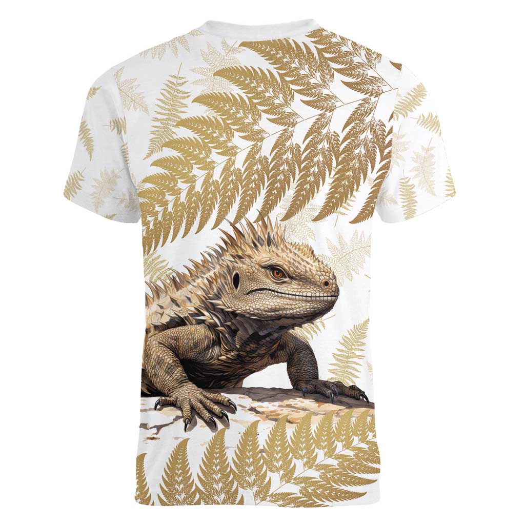 Gold New Zealand Tuatara Women V-Neck T-Shirt Aotearoa Sphenodon Punctatus Silver Fern LT14 - Polynesian Pride