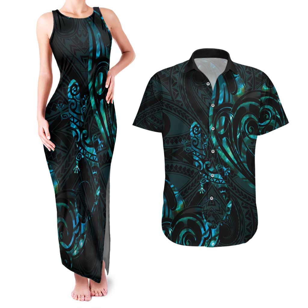 New Zealand Skink Couples Matching Tank Maxi Dress and Hawaiian Shirt Aotearoa Maori Mix Paua Shell LT14 Blue - Polynesian Pride