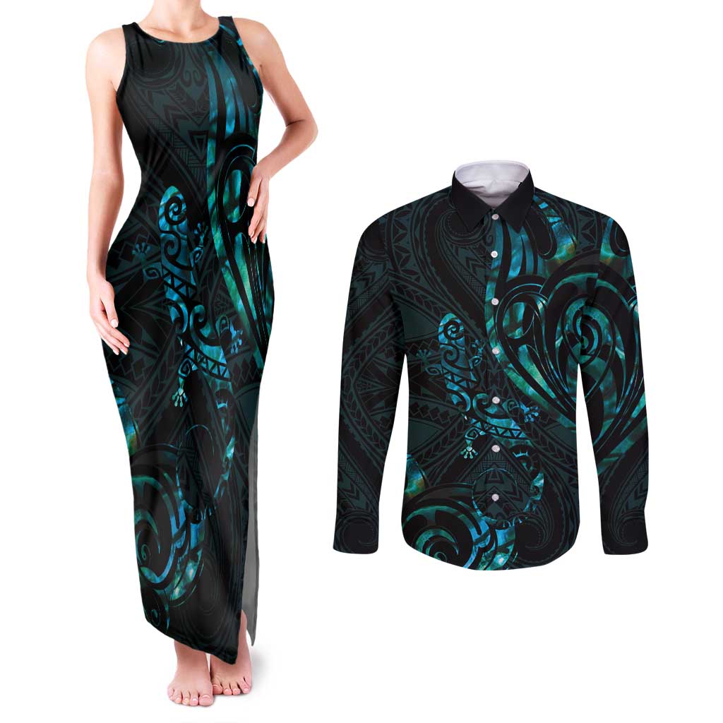 New Zealand Skink Couples Matching Tank Maxi Dress and Long Sleeve Button Shirt Aotearoa Maori Mix Paua Shell LT14 Blue - Polynesian Pride