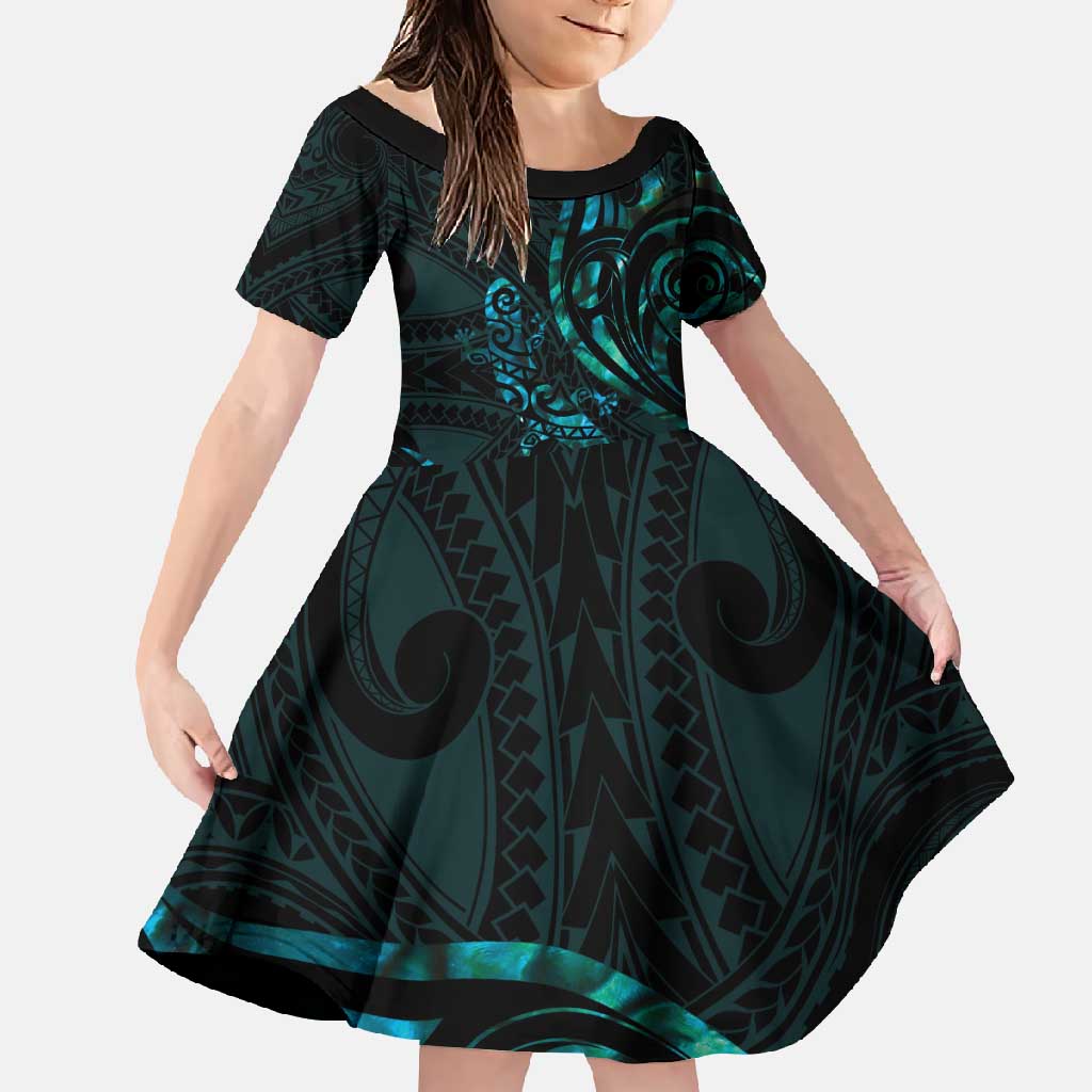 New Zealand Skink Family Matching Long Sleeve Bodycon Dress and Hawaiian Shirt - Aotearoa Maori Mix Paua Shell LT14 Daughter's Dress Blue - Polynesian Pride