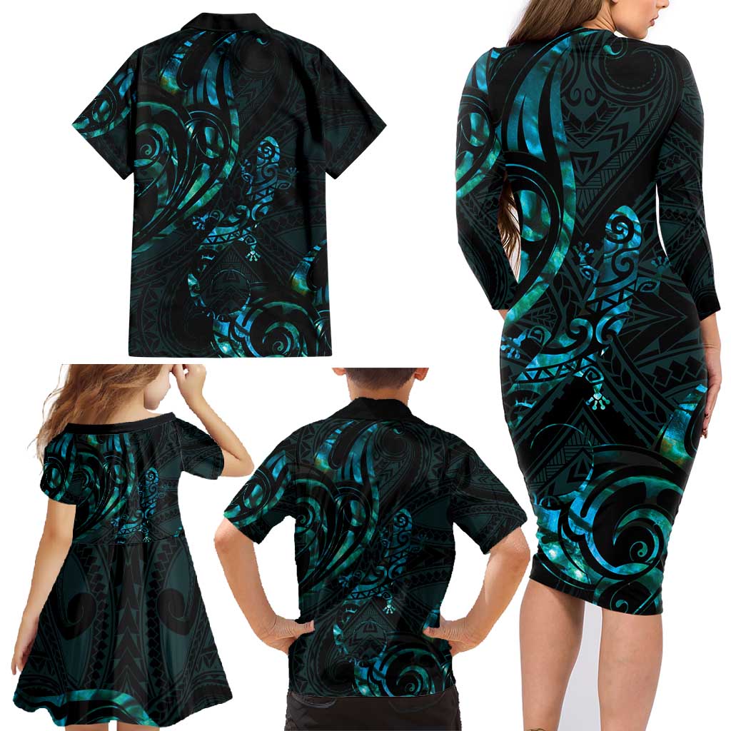 New Zealand Skink Family Matching Long Sleeve Bodycon Dress and Hawaiian Shirt - Aotearoa Maori Mix Paua Shell LT14 - Polynesian Pride