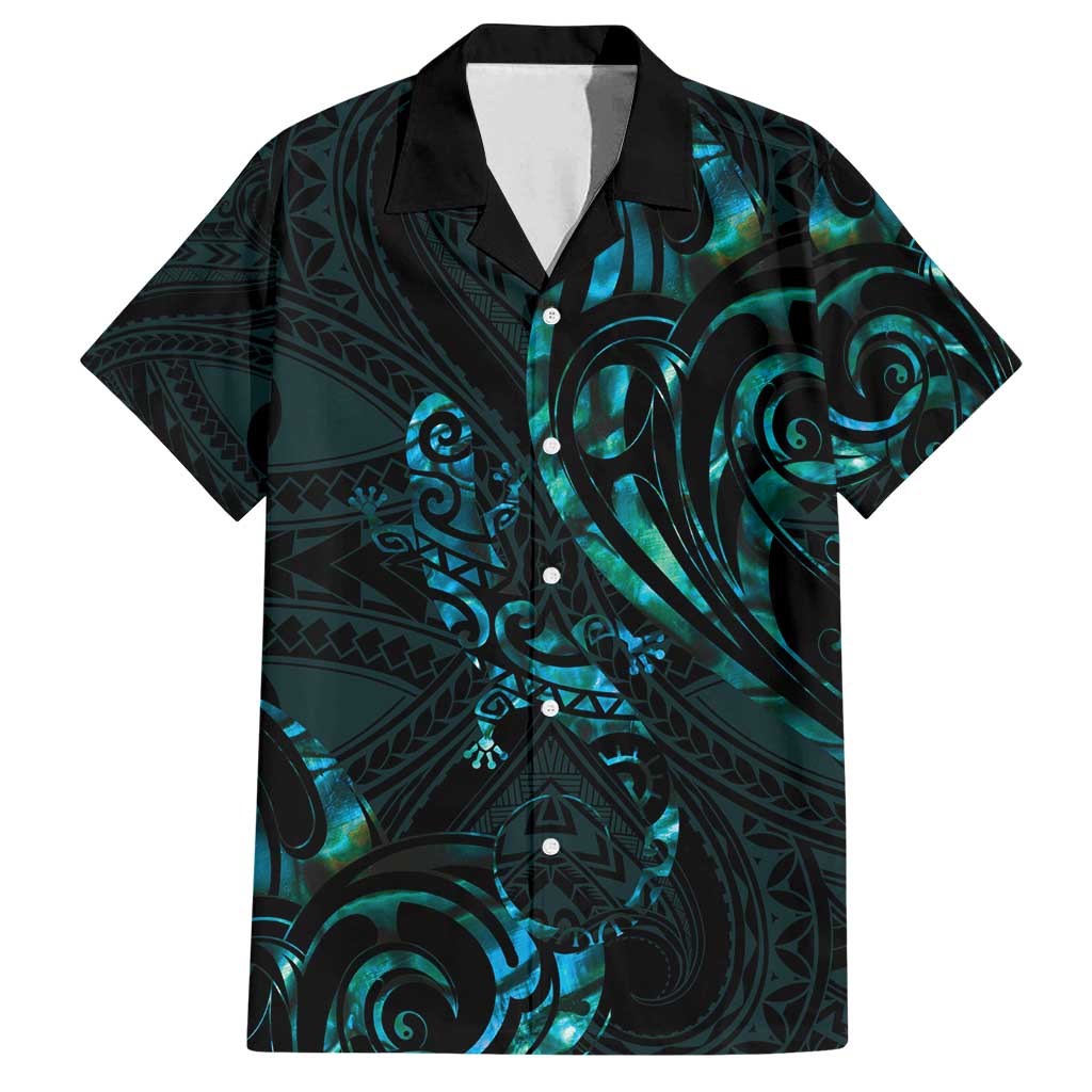 New Zealand Skink Family Matching Long Sleeve Bodycon Dress and Hawaiian Shirt - Aotearoa Maori Mix Paua Shell LT14 Dad's Shirt - Short Sleeve Blue - Polynesian Pride
