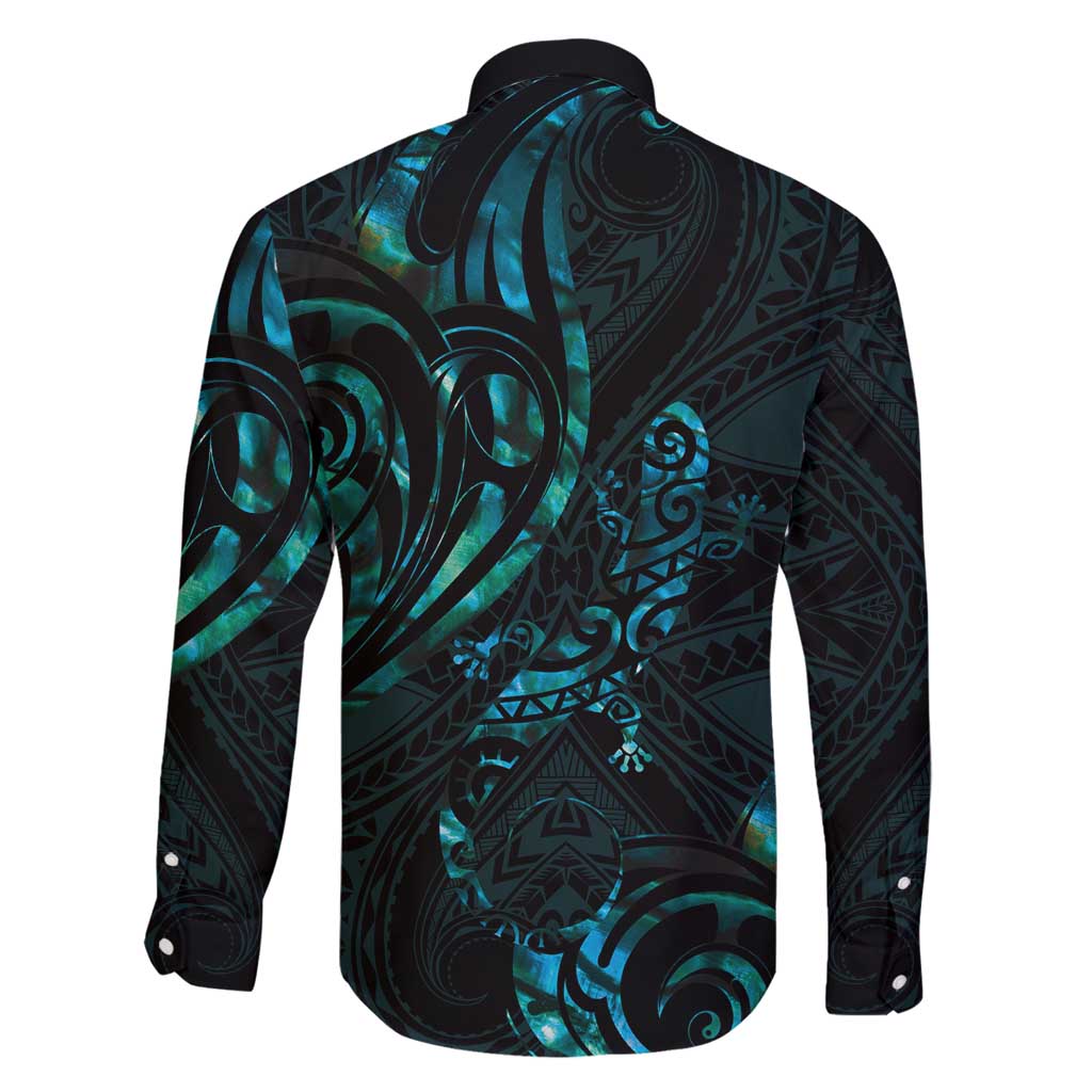 New Zealand Skink Family Matching Long Sleeve Bodycon Dress and Hawaiian Shirt - Aotearoa Maori Mix Paua Shell LT14 - Polynesian Pride