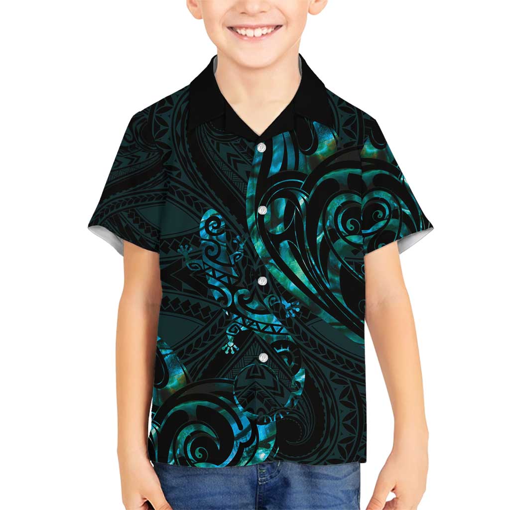 New Zealand Skink Family Matching Long Sleeve Bodycon Dress and Hawaiian Shirt - Aotearoa Maori Mix Paua Shell LT14 Son's Shirt Blue - Polynesian Pride