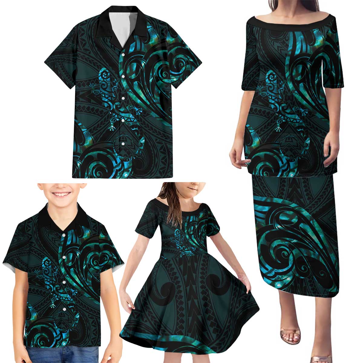 New Zealand Skink Family Matching Puletasi and Hawaiian Shirt Aotearoa Maori Mix Paua Shell LT14 - Polynesian Pride