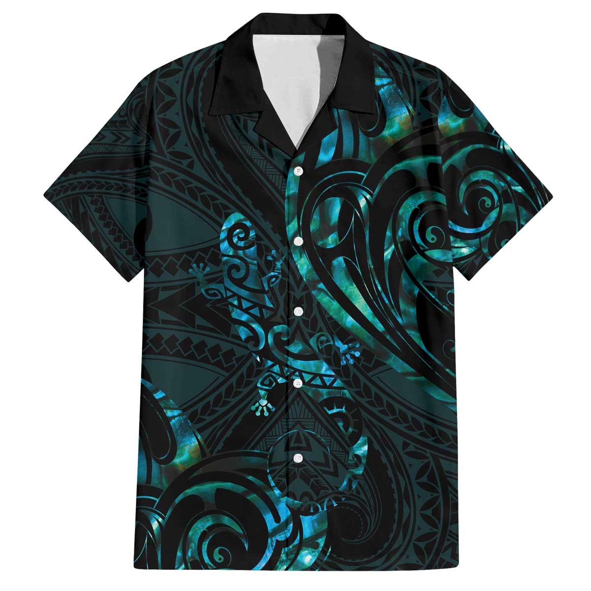 New Zealand Skink Family Matching Puletasi and Hawaiian Shirt Aotearoa Maori Mix Paua Shell LT14 Dad's Shirt - Short Sleeve Blue - Polynesian Pride