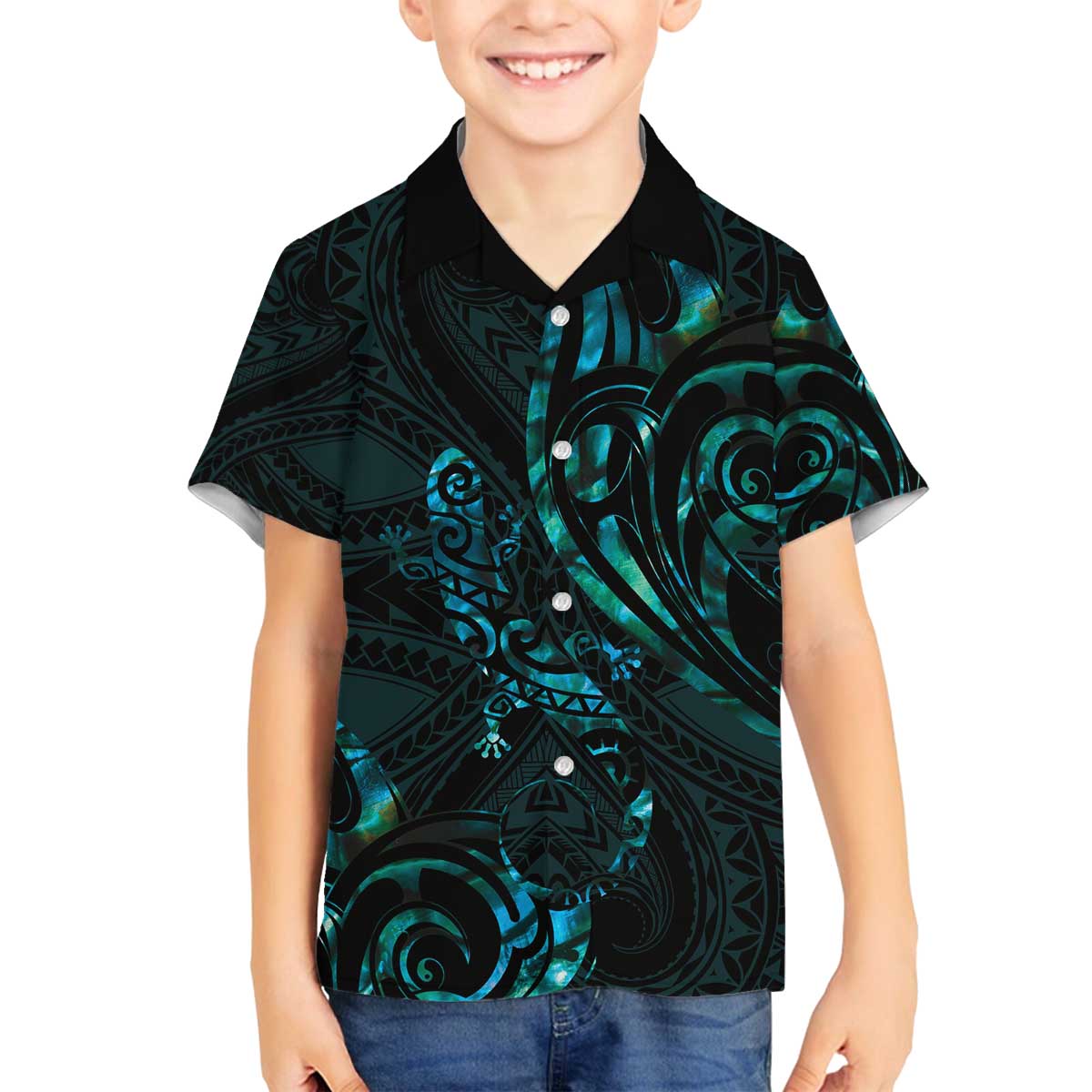 New Zealand Skink Family Matching Puletasi and Hawaiian Shirt Aotearoa Maori Mix Paua Shell LT14 Son's Shirt Blue - Polynesian Pride