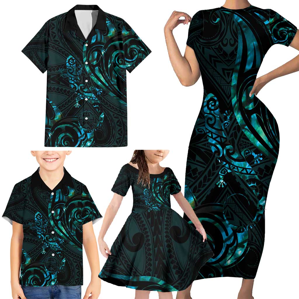 New Zealand Skink Family Matching Short Sleeve Bodycon Dress and Hawaiian Shirt Aotearoa Maori Mix Paua Shell LT14 - Polynesian Pride