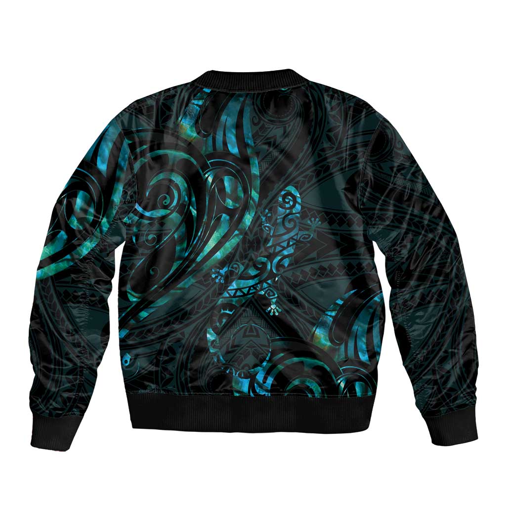 New Zealand Skink Sleeve Zip Bomber Jacket Aotearoa Maori Mix Paua Shell LT14 - Polynesian Pride