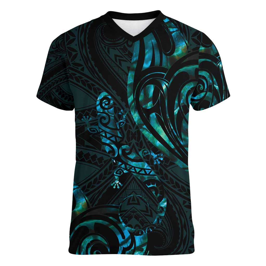 New Zealand Skink Women V-Neck T-Shirt Aotearoa Maori Mix Paua Shell LT14 Female Blue - Polynesian Pride