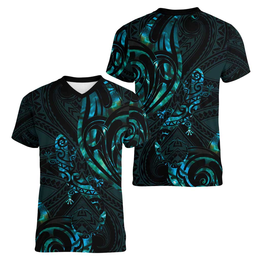New Zealand Skink Women V-Neck T-Shirt Aotearoa Maori Mix Paua Shell LT14 - Polynesian Pride