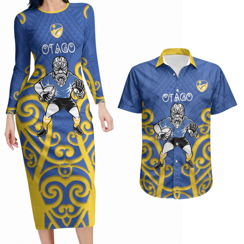 Otago Custom Rugby New Zealand Couples Matching Long Sleeve Bodycon Dress and Hawaiian Shirt Aotearoa Maori Pukana Tiki Mascot