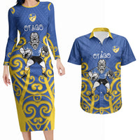 Otago Custom Rugby New Zealand Couples Matching Long Sleeve Bodycon Dress and Hawaiian Shirt Aotearoa Maori Pukana Tiki Mascot