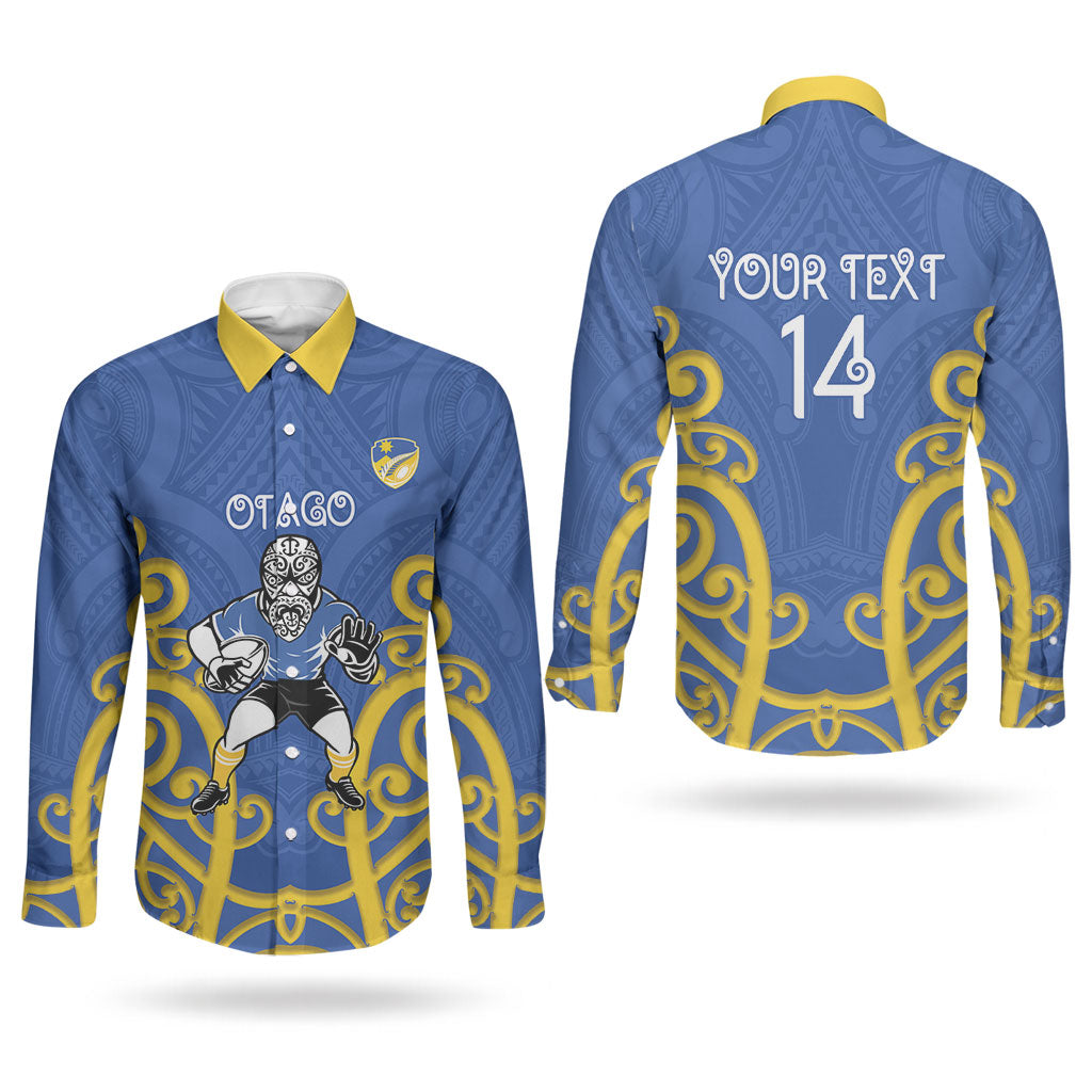 Otago Custom Rugby New Zealand Couples Matching Long Sleeve Bodycon Dress and Long Sleeve Button Shirt Aotearoa Maori Pukana Tiki Mascot