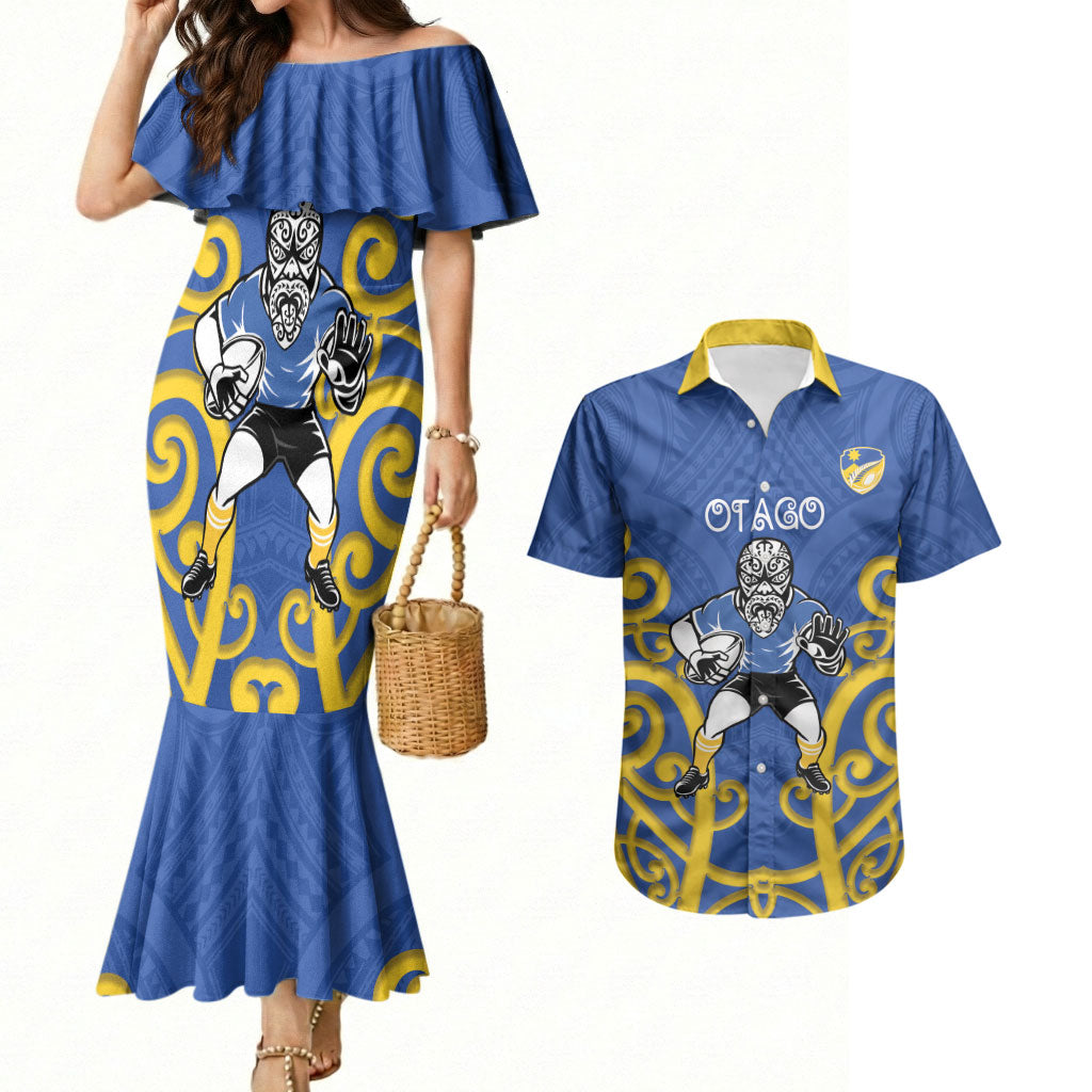 Otago Custom Rugby New Zealand Couples Matching Mermaid Dress and Hawaiian Shirt Aotearoa Maori Pukana Tiki Mascot