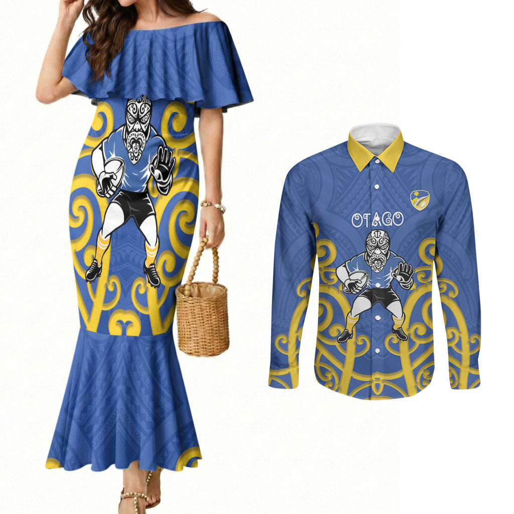 Otago Custom Rugby New Zealand Couples Matching Mermaid Dress and Long Sleeve Button Shirt Aotearoa Maori Pukana Tiki Mascot