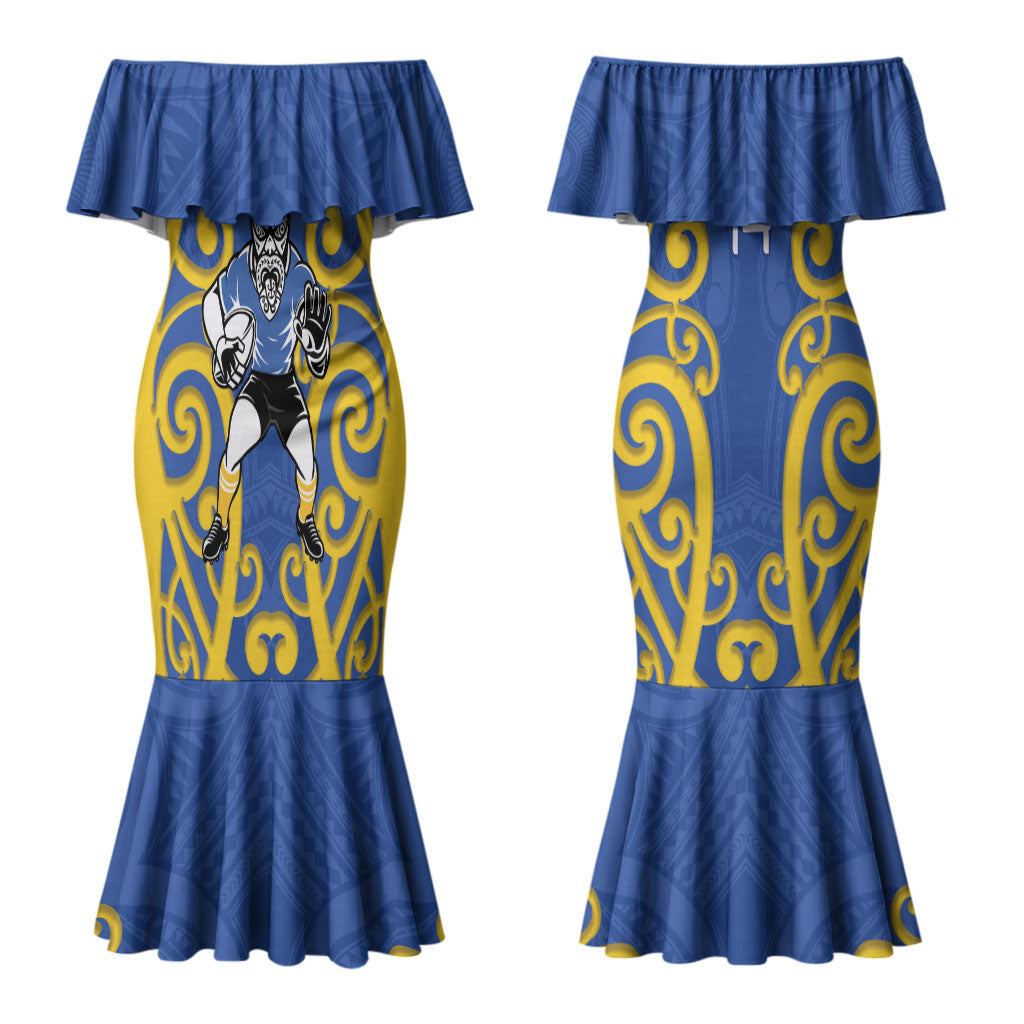Otago Custom Rugby New Zealand Couples Matching Mermaid Dress and Long Sleeve Button Shirt Aotearoa Maori Pukana Tiki Mascot