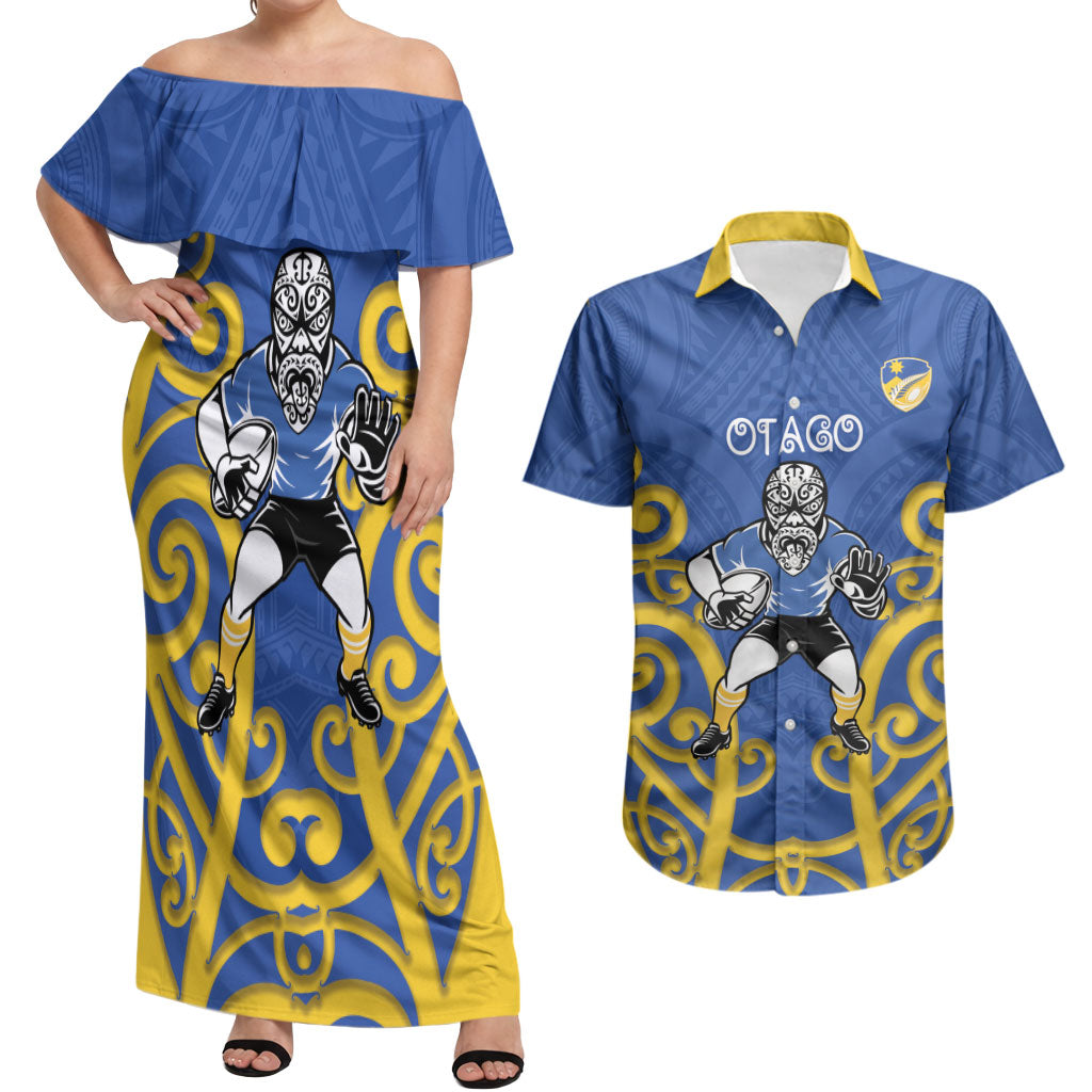 Otago Custom Rugby New Zealand Couples Matching Off Shoulder Maxi Dress and Hawaiian Shirt Aotearoa Maori Pukana Tiki Mascot