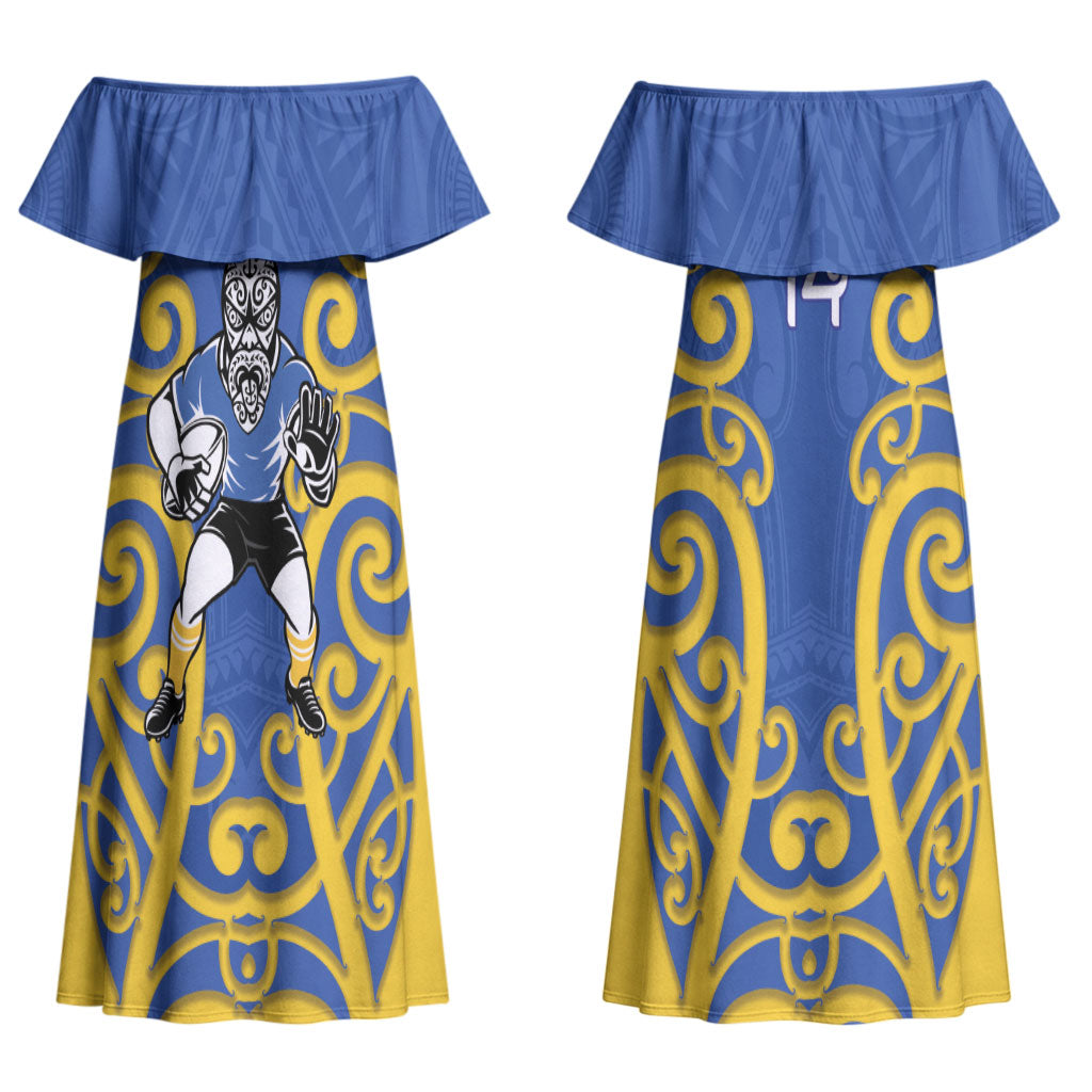 Otago Custom Rugby New Zealand Couples Matching Off Shoulder Maxi Dress and Hawaiian Shirt Aotearoa Maori Pukana Tiki Mascot