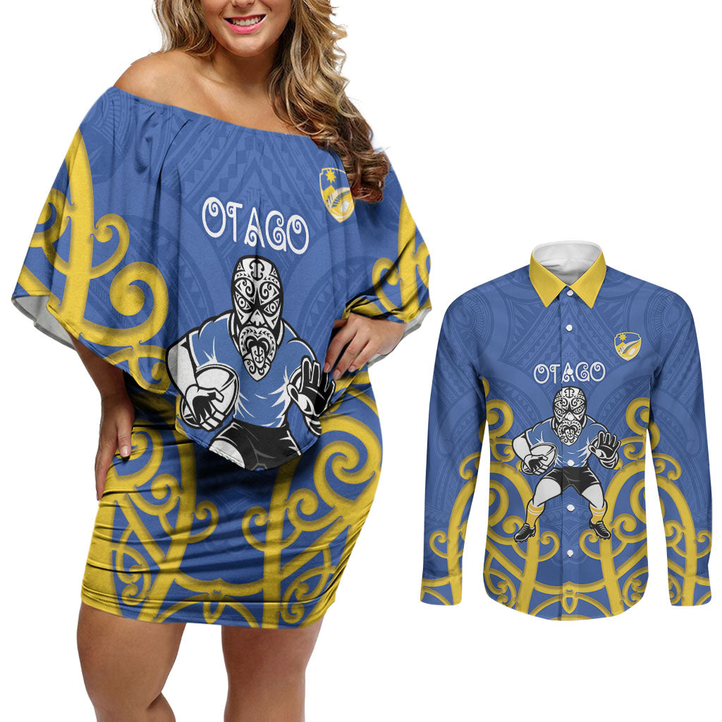 Otago Custom Rugby New Zealand Couples Matching Off Shoulder Short Dress and Long Sleeve Button Shirt Aotearoa Maori Pukana Tiki Mascot