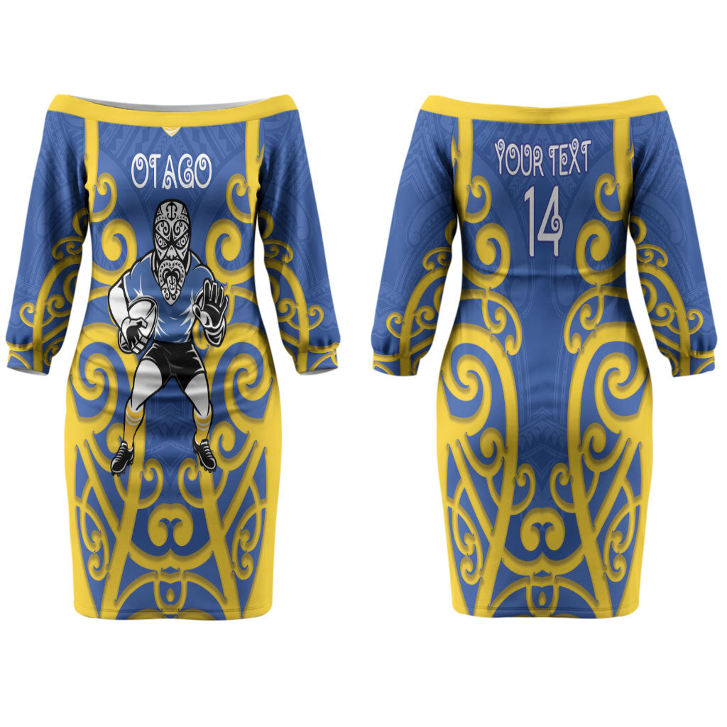 Otago Custom Rugby New Zealand Couples Matching Off The Shoulder Long Sleeve Dress and Hawaiian Shirt Aotearoa Maori Pukana Tiki Mascot