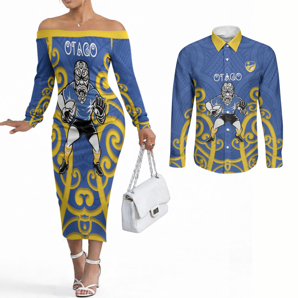 Otago Custom Rugby New Zealand Couples Matching Off The Shoulder Long Sleeve Dress and Long Sleeve Button Shirt Aotearoa Maori Pukana Tiki Mascot