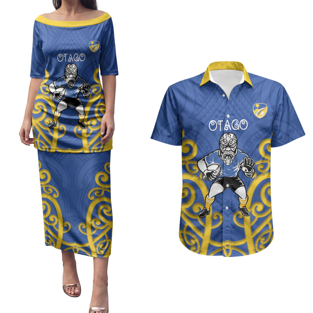 Otago Custom Rugby New Zealand Couples Matching Puletasi and Hawaiian Shirt Aotearoa Maori Pukana Tiki Mascot